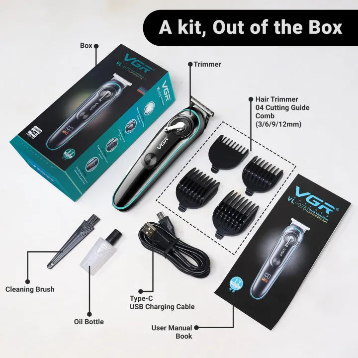 VGR V-075 Limited Edition Professional Hair Trimmer - LED Display & 4 Guide Combs for Men