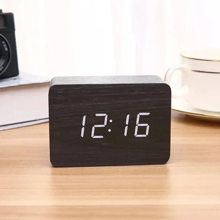 LED Wooden Watch Table - Voice Control Digital Wood Alarm Clock