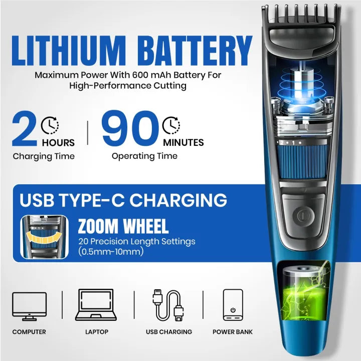 VGR V-052 Professional Hair Trimmer for Men - 20 Length Settings, 120 Min Runtime & USB Charging
