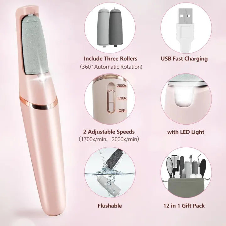 Flawless Pedi Pro - Electronic Foot File & Callus Remover with LED Light & 2 Speeds
