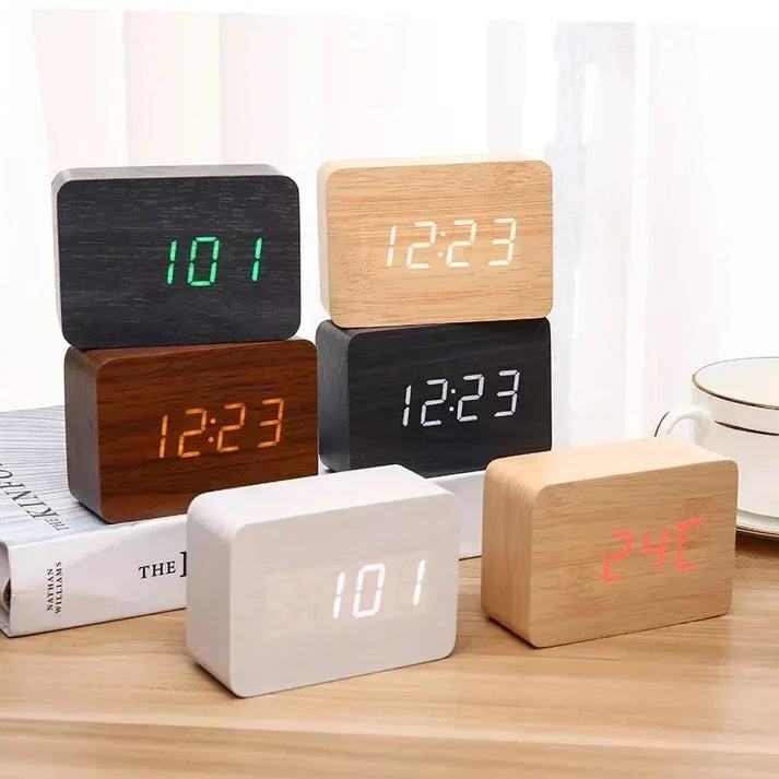 LED Wooden Watch Table - Voice Control Digital Wood Alarm Clock