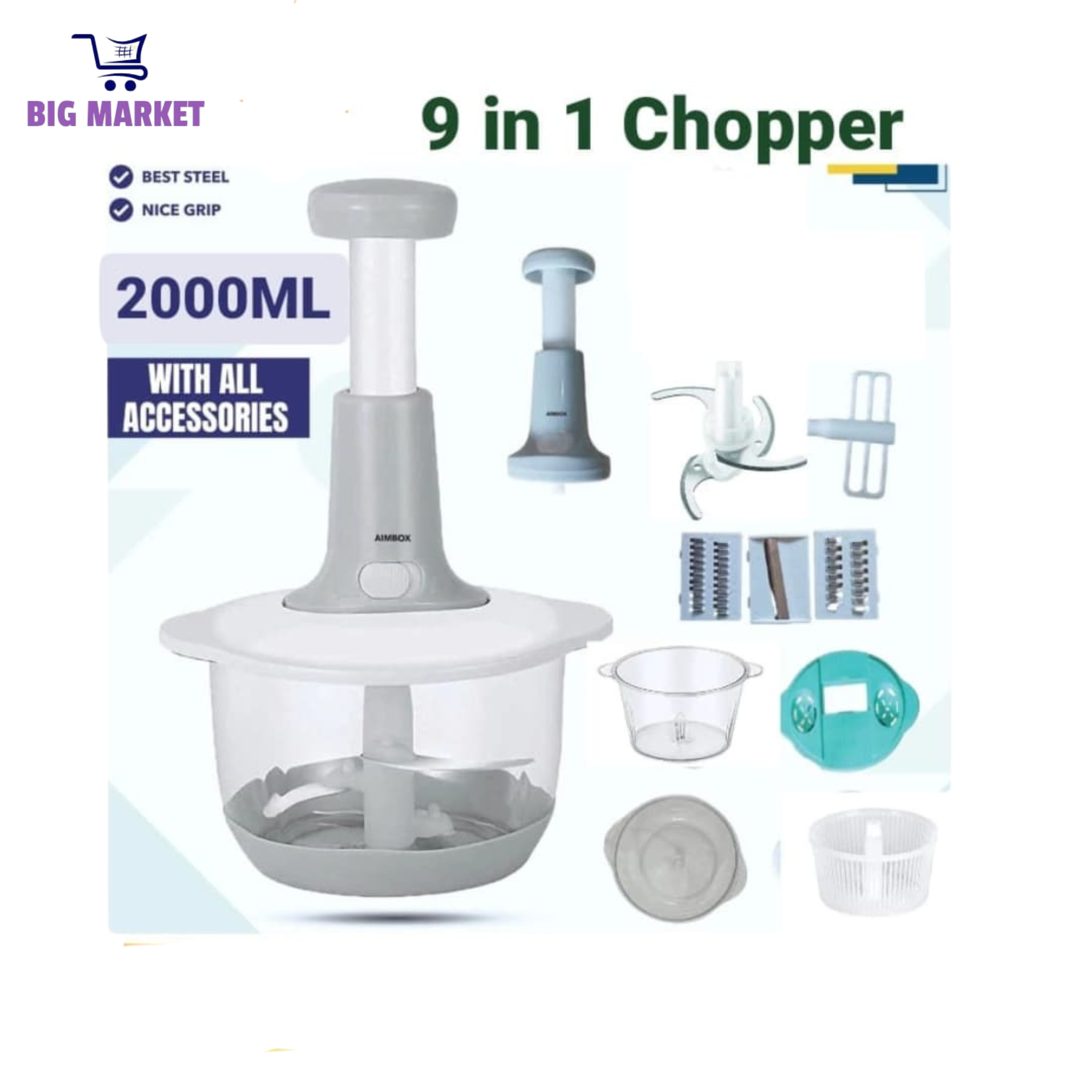9 in 1 Manual Hand Chopper 2000 ML - Vegetable & Meat Cutter- Hand Crank Chopper for Kitchen - Multi-Functional Salad Maker - Portable Easy to Clean Kitchen Gadget