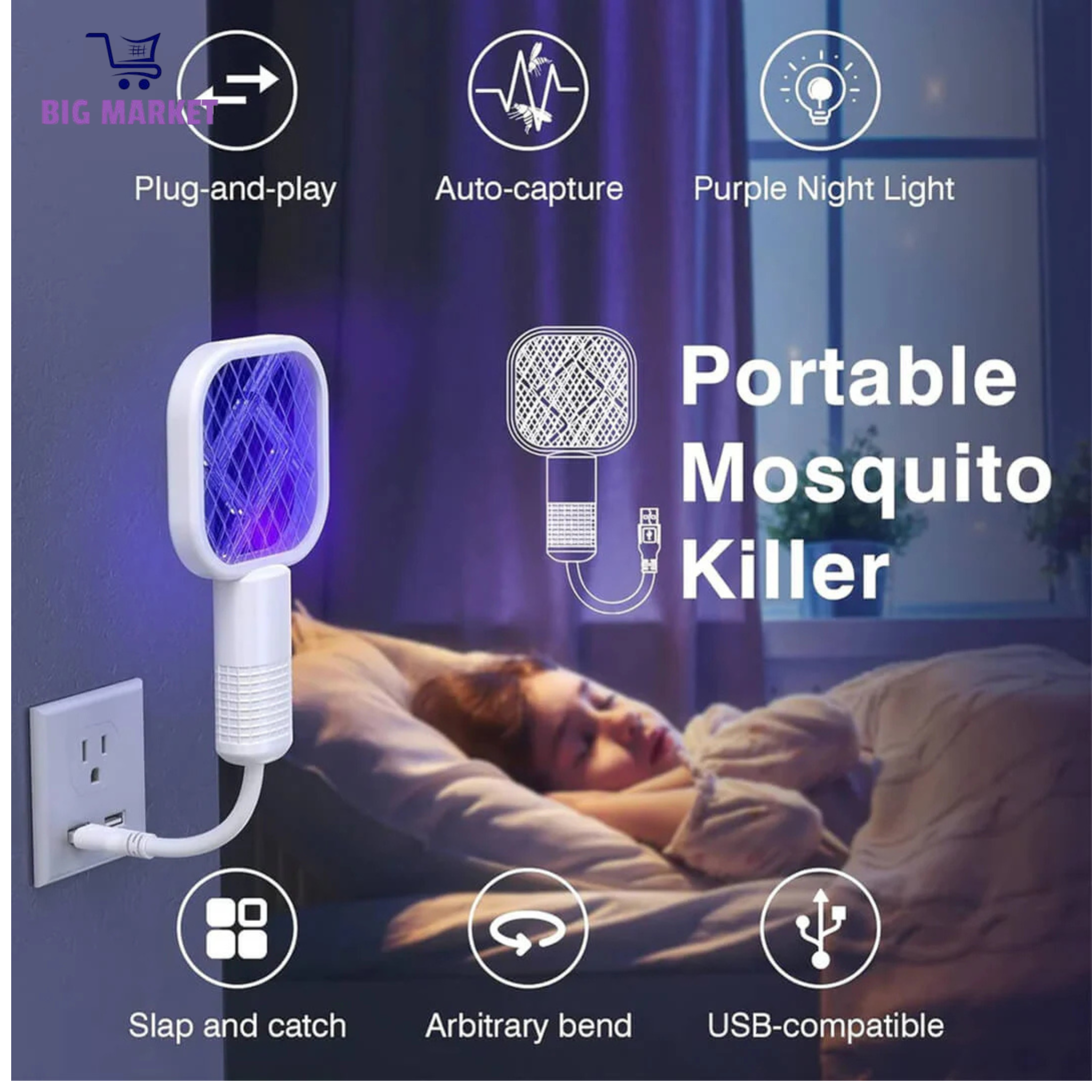 Mini USB Portable Electric Mosquito Racket with UV Light - Plug-in Fly & Bug Zapper, Anti-Insect Swatter for Indoor & Outdoor Use, Mosquito Trap for Home, Office, Travel, Camping