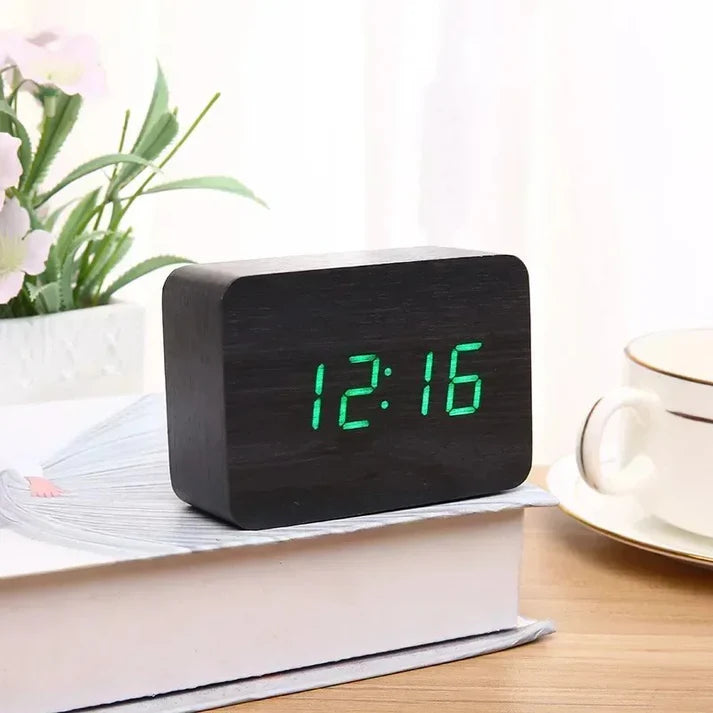 LED Wooden Watch Table - Voice Control Digital Wood Alarm Clock
