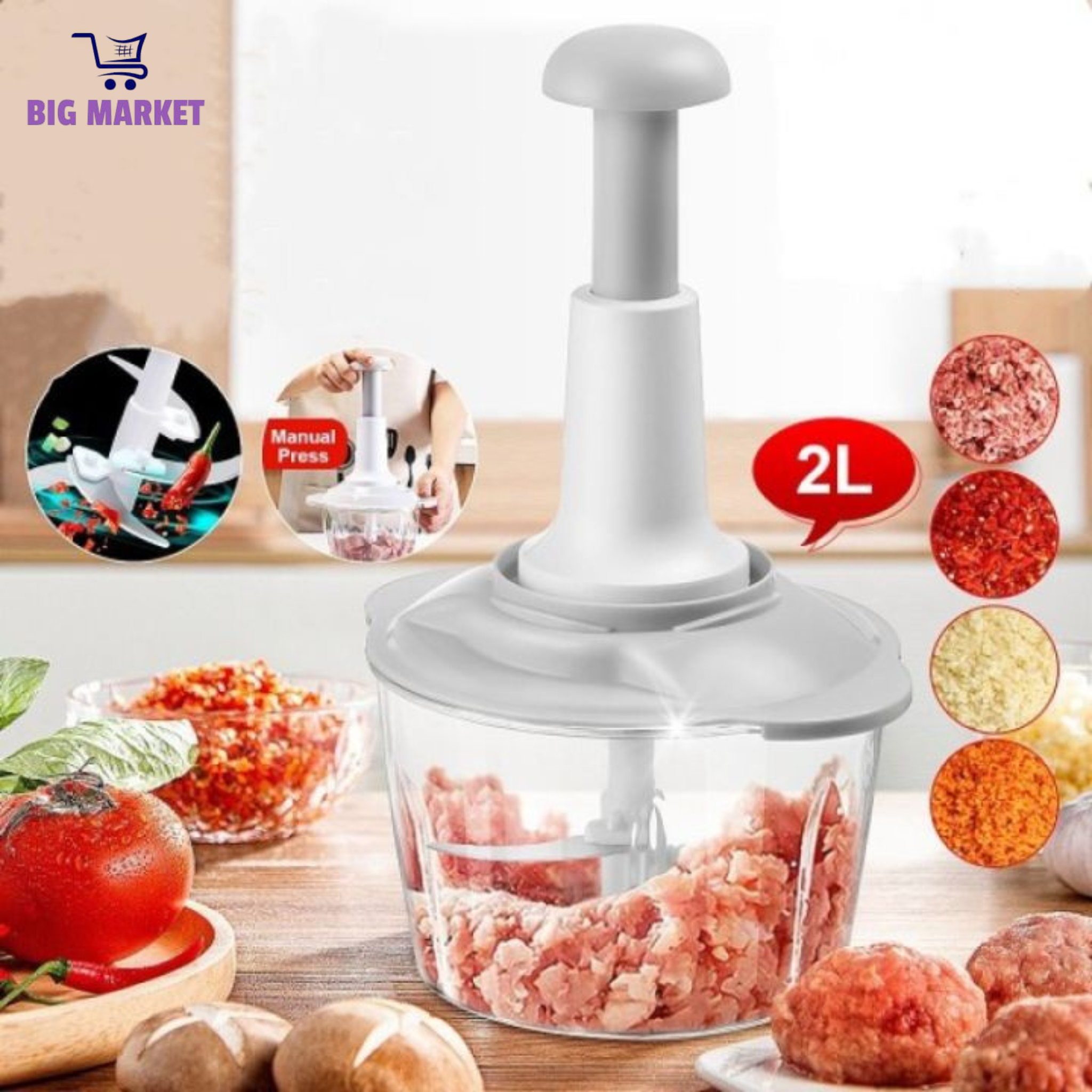 9 in 1 Manual Hand Chopper 2000 ML - Vegetable & Meat Cutter- Hand Crank Chopper for Kitchen - Multi-Functional Salad Maker - Portable Easy to Clean Kitchen Gadget