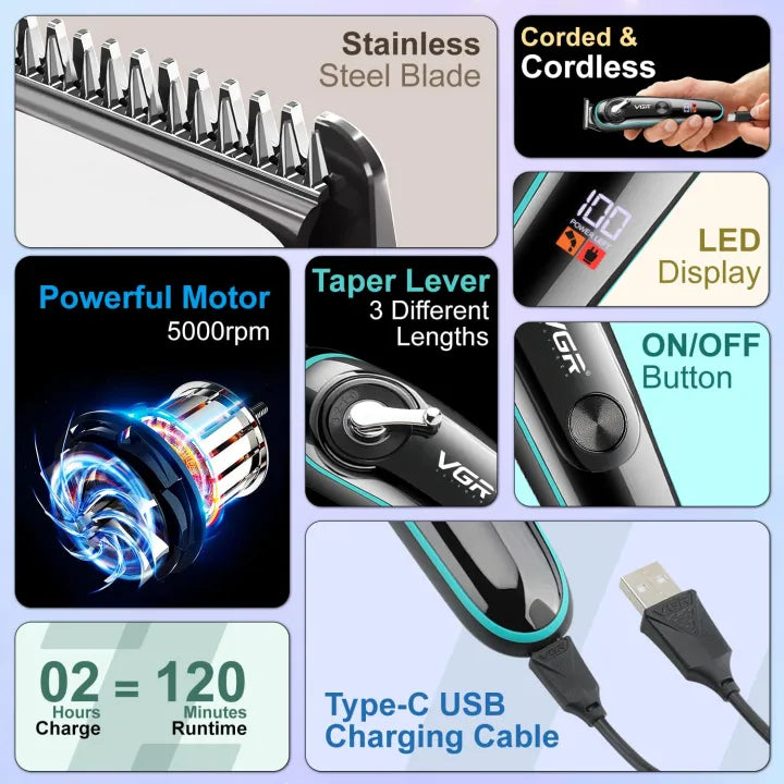 VGR V-075 Limited Edition Professional Hair Trimmer - LED Display & 4 Guide Combs for Men