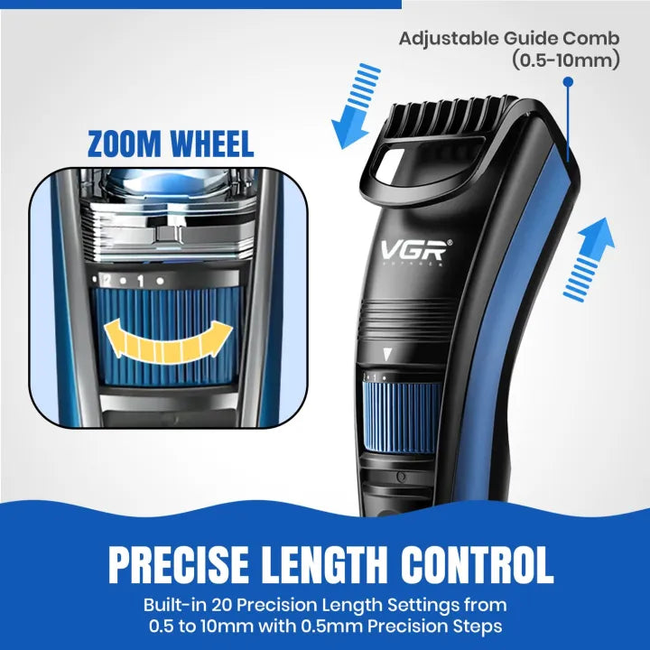 VGR V-052 Professional Hair Trimmer for Men - 20 Length Settings, 120 Min Runtime & USB Charging