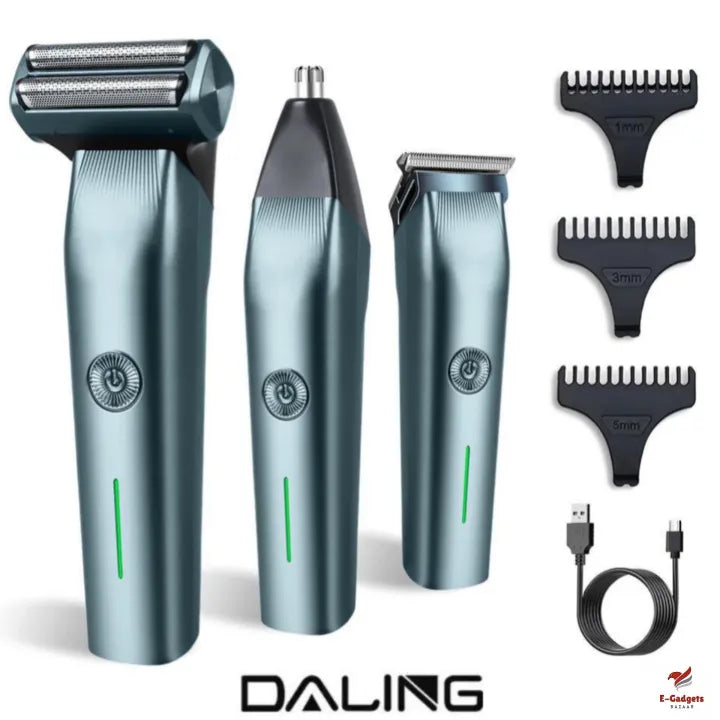 DL-9218 3-in-1 Rechargeable Hair Trimmer, Shaver & Nose Trimmer for Men - All-in-One Grooming Kit